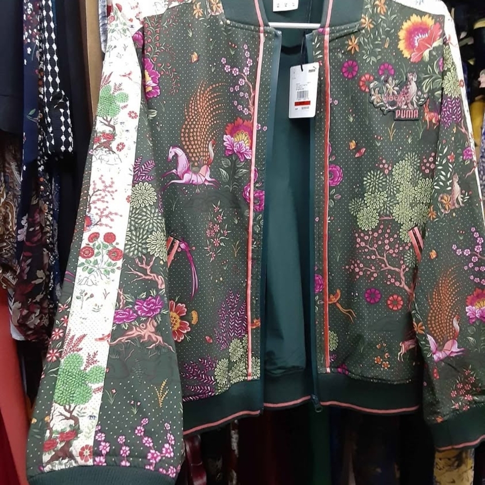Puma Floral Unicorn Bomber Jacket in Green and Pink